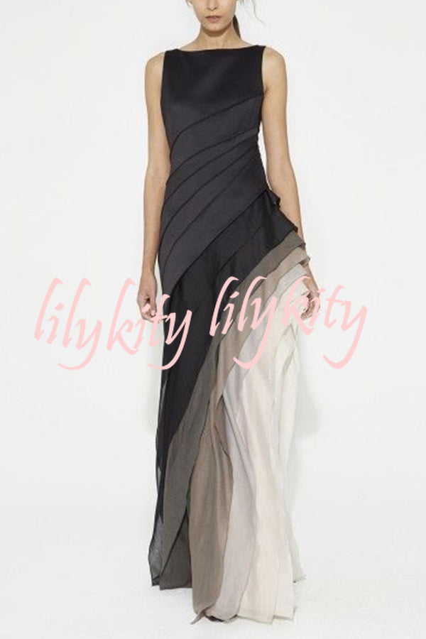 Elegant and Mysterious Tulle Gradient Cascading Design Gown Maxi Dress