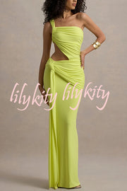 Sexy One-shoulder Backless Ribbon Pleated Slim Maxi Dress