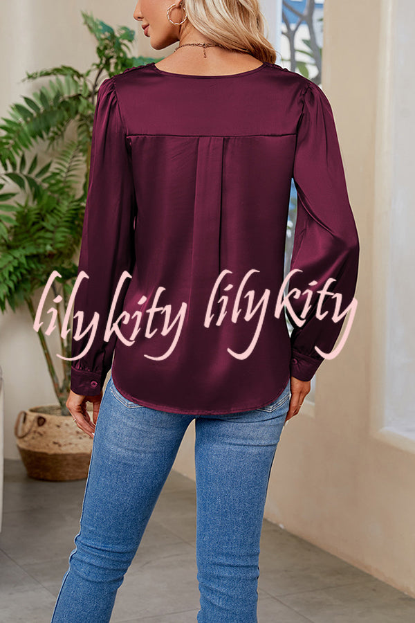 Satin Pleated V-neck Long-sleeved Loose Shirt