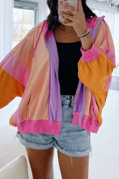 Fresh Color Matching Fashionable Loose Casual Hooded Jacket