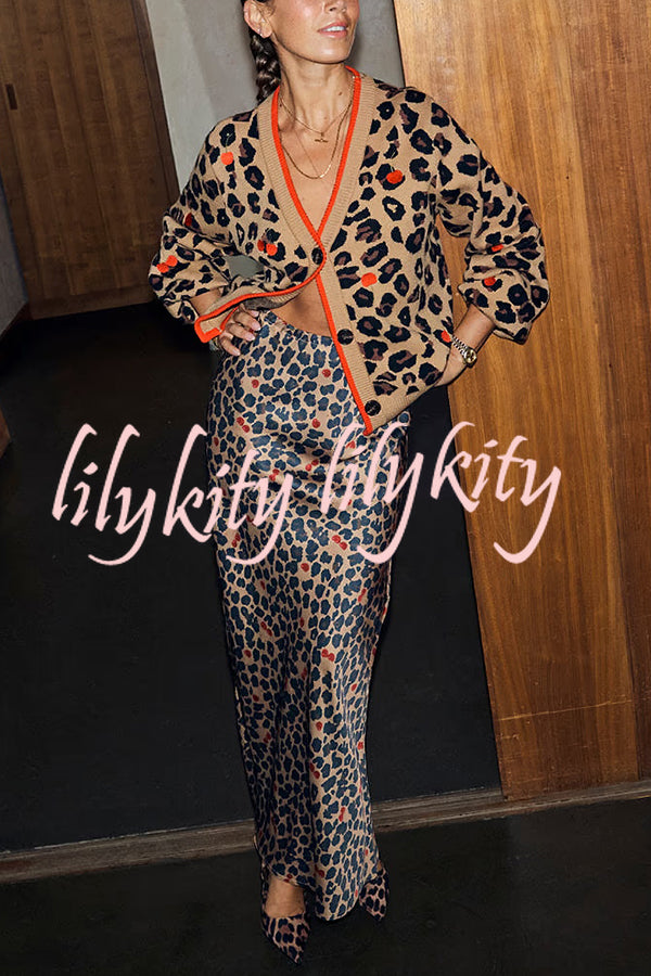 Perfect for Winter Leopard Cherry Print Satin Elastic Waist Draped Maxi Dress
