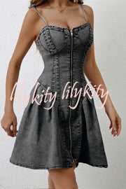 Fashionable Patchwork Suspender Zipper Slim Denim Mini Dress
