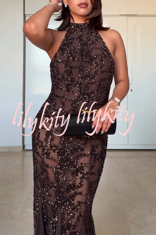 Twilight Gleam Sequin Textured Tulle Hem Halter Backless Maxi Dress
