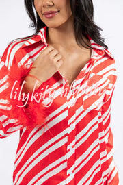 Christmas Party Striped Print Pocket Feather Elastic Waist Pajama Set