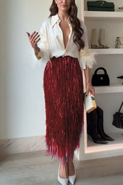 Party Crasher Layered Sequined Tassels High Rise Back Zipper Midi Skirt
