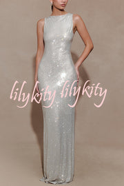 Holiday Nights Sequin Boat Neck Sleeveless Slit Maxi Dress