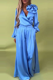 Solid Color V-neck Long-sleeved Large Flower Decorated Top and Casual Pocket Wide-leg Pants Set