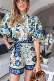 Elouise Linen Blend Unique Print Button Puff Sleeves Tie-up Pocketed Romper