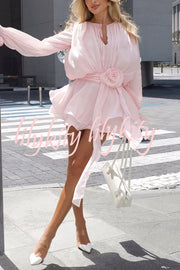 Solid Color Long Sleeve V-Neck Lace-Up Elegant Flower Decorated Mini Dress