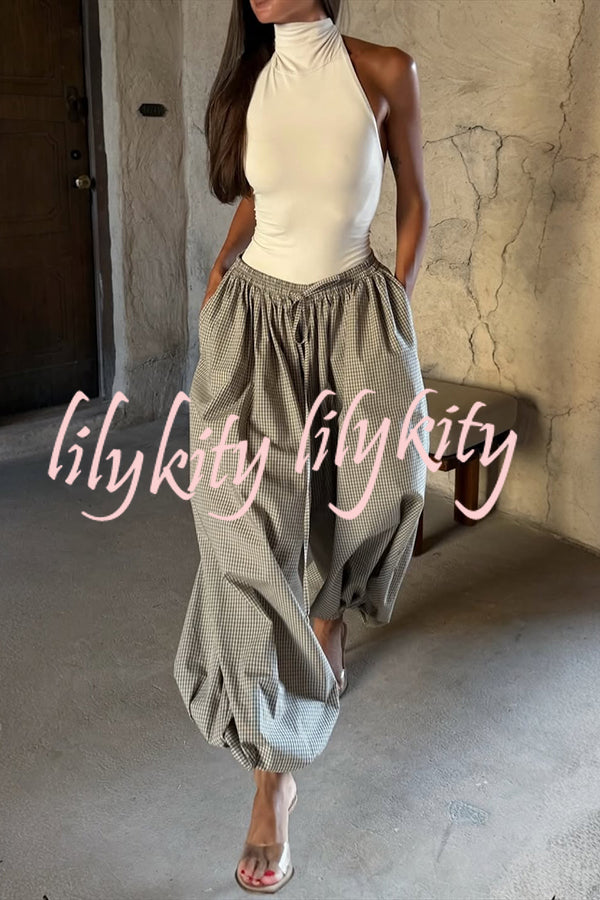 Fashion Plaid Print Elastic Waist Pocket Loose Wide-leg Pants
