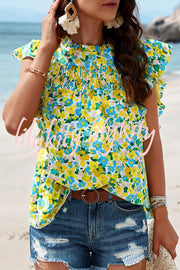 Floral Print Pleated Crew Neck Pullover Top