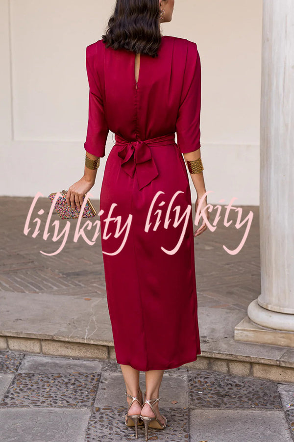 Satin Solid Color Round Neck Half Sleeve Waist Midi Dress