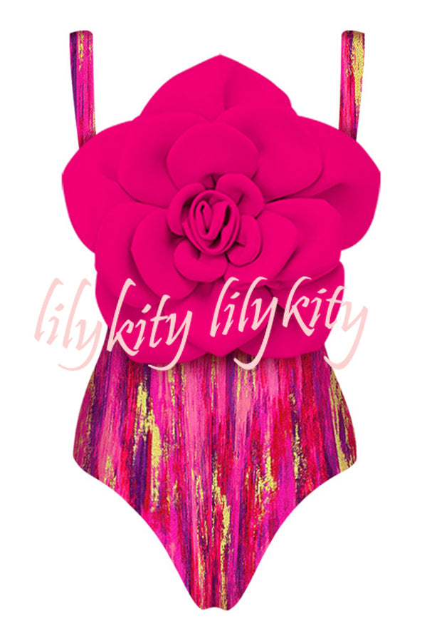 Fashionable Contrast Color Large Flower Stretch One-piece Swimsuit