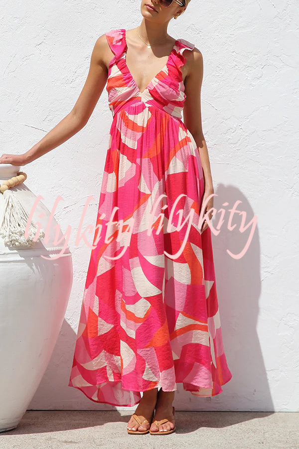 Unique Printed V-neck Ruffled Straps Pleated Back Maxi Dress