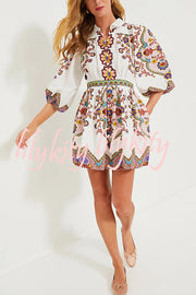 Fun and Vibrant Linen Blend Unique Print Puff Sleeve Pocketed Shirt Mini Dress