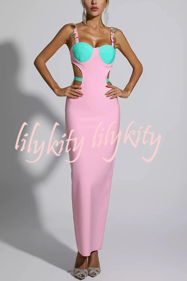 Sunny and Sexy Colorblock Shell Pendant Cutout Waist Stretch Maxi Dress