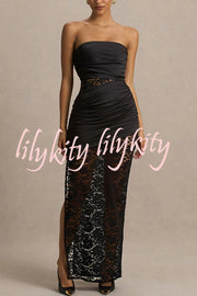 Dulcie Lace and Satin Patchwork Asymmetrical Pleats Bandeau Maxi Dress