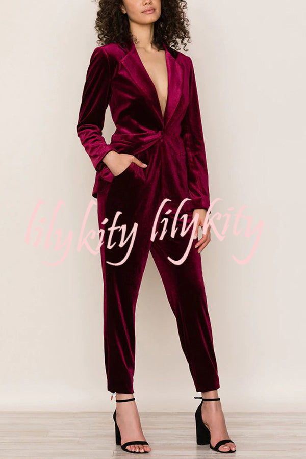 Solid Color Velvet Long-sleeve Blazer and Elastic Waist Pocket Pants Set