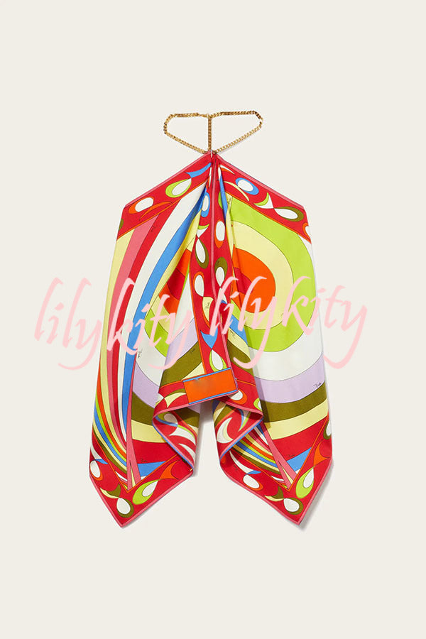 Artistic Girl Satin Unique Print Metal Chain Halter Draped Scarf Tank