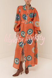 Linen Blend Unique Print Belted Single-breasted Casual Maxi Dress