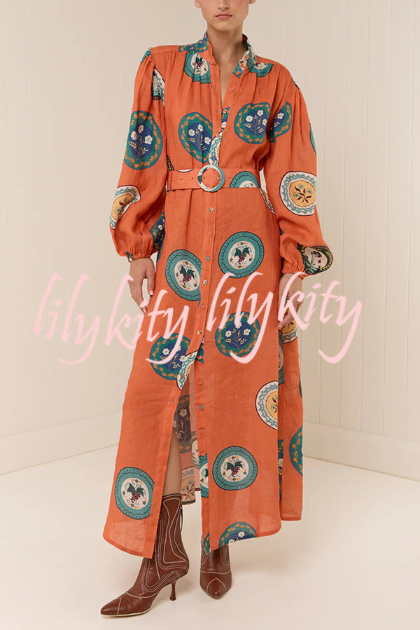 Linen Blend Unique Print Belted Single-breasted Casual Maxi Dress