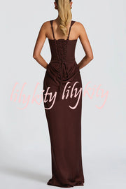 Larrah Square Neck Back Lace-up Satin Drape Hem Maxi Dress
