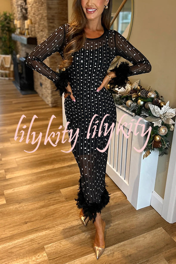 Sexy Long Sleeve Round Neck Feather Edge Rhinestone Decoration Slim Fit Maxi Dress