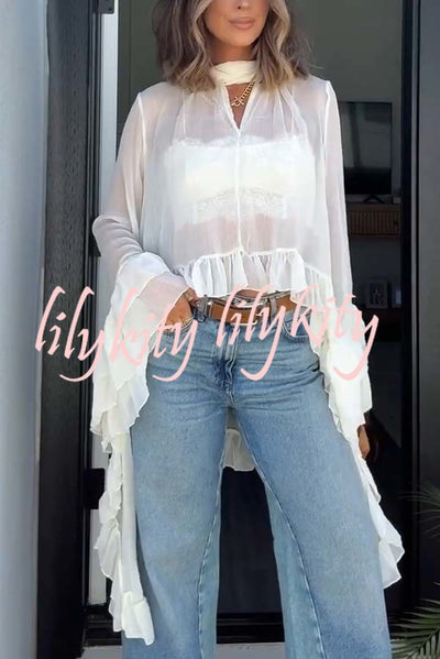 Flowy See-through Ruffle Tie-up Neck Bell Sleeve High-low Hem Cape Shirt
