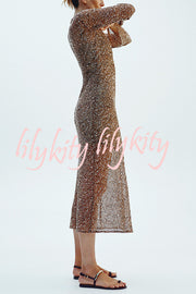 Fashion Sequined Hollow V-neck Long-sleeved Holiday Midi Dress