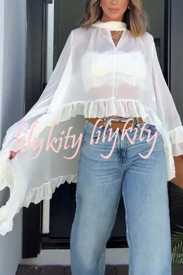 Flowy See-through Ruffle Tie-up Neck Bell Sleeve High-low Hem Cape Shirt