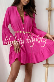 Linen Blend Solid V-Neck Bell Sleeve Casual Mini Dress