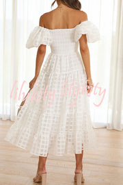 Dare To Dance Square Pattern Fabric Smocked Puff Sleeve Midi Dress