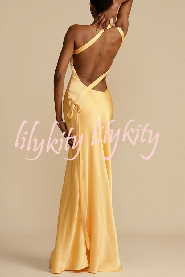 Moonlit Soiree Satin Asymmetrical One Shoulder Backless Strap Maxi Dress