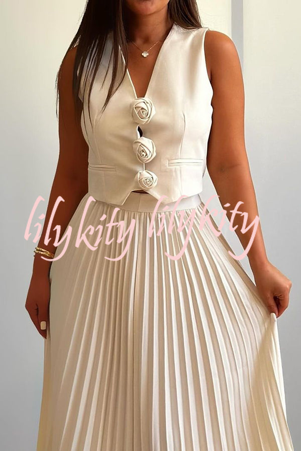 Stylish Rosette Sleeveless Tank Top and Pleated Maxi Skirt Set