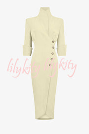 Elegant Look Linen Blend Stand Lapel Neck Half Sleeve Side Button Midi Dress