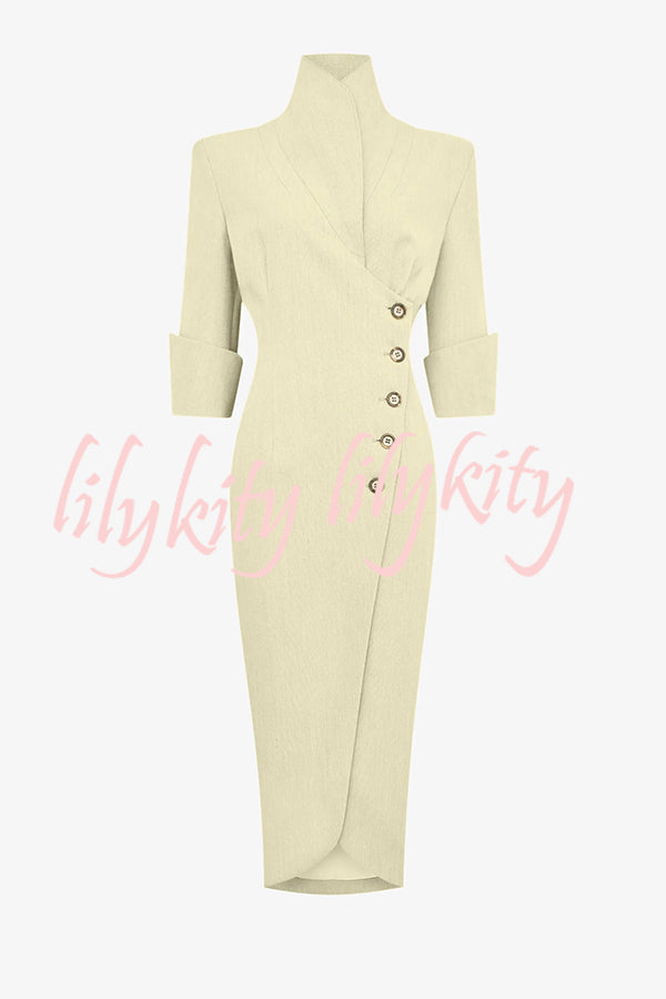 Elegant Look Linen Blend Stand Lapel Neck Half Sleeve Side Button Midi Dress
