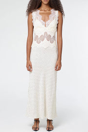 Wonderful Fusion Satin Lace Trim Poka Dot V-neck Drape Maxi Dress