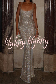 Midnight Fantasy Sequin Mesh Shoulder Strap Open Back Stretch Maxi Dress