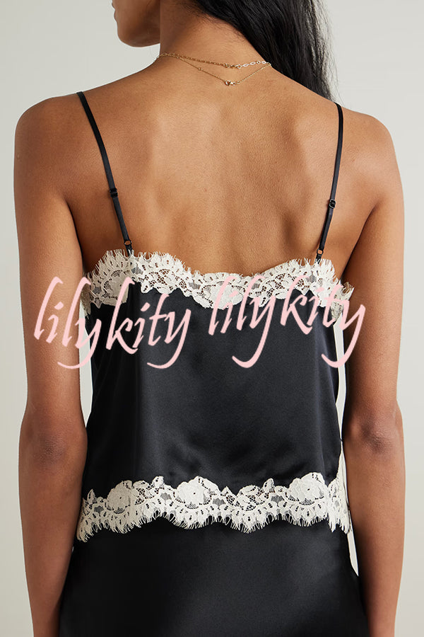 Celebration Look Contrast Color Satin Lace Trim V-Neck Slip Tank