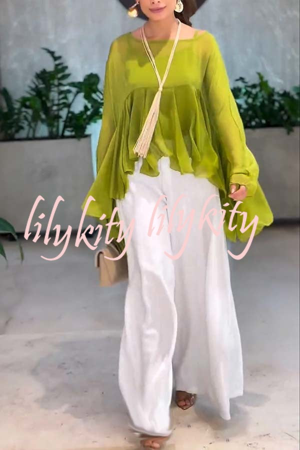 Romantic Journey Chiffon Ruffle Batwing Sleeve Top and Elastic Waist Pocket Loose Pants Set