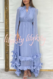 Fashionable V-neck Lace-up Ruffled Double-layer Hem Maxi Dress