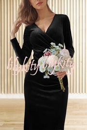 Solid Color Velvet Long Sleeve V-neck Slim Fit Fishtail Maxi Dress