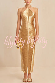 Sexy Allnight Metallic Halterneck Backless Fringed Slit Maxi Dress