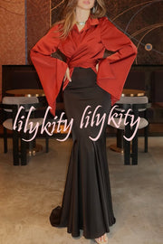 Jenny Satin High Rise Elastic Waist Flare Maxi Skirt