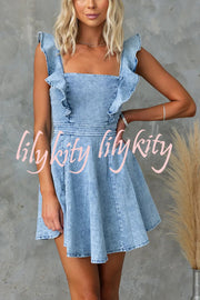 Sweet Secret Denim Square Neck Ruffle Sleeve Stretch Mini Dress