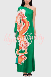 Elegance and Grace Satin Dragon Print One Shoulder Drape Sleeve Maxi Dress