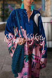 Seaside Stroll Satin Unique Print Button Up Long Sleeve Slit Kaftan Midi Dress