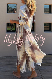 Kailani Linen Blend Tie-dye Print Irregular Hem Duster Kimono