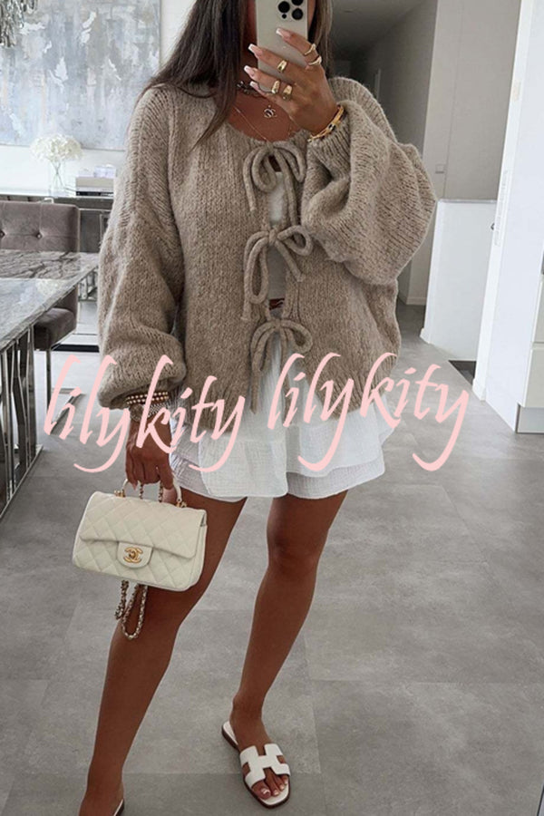 Solid Color Long-sleeved V-neck Lace-up Loose Knitted Sweater