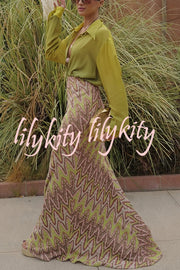 Moonlit Waltz Knit Jacquard Zigzag Print High Rise Stretch Flare Maxi Skirt